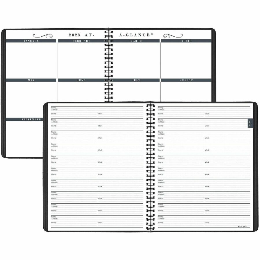 At-A-Glance Planner - Monthly - 1 Year - January 2026 to December 2026 - 1 Month Double Page Layout - 8" x 10" Sheet Size - Wire Bound - Simulated Leather - Black Cover - Address Directory, Phone Directory, Perforated - 1 Each