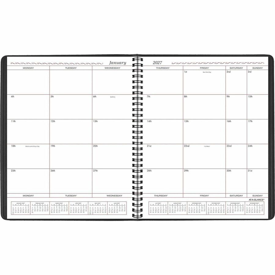 At-A-Glance Planner - Monthly - 1 Year - January 2026 to December 2026 - 1 Month Double Page Layout - 8" x 10" Sheet Size - Wire Bound - Simulated Leather - Black Cover - Address Directory, Phone Directory, Perforated - 1 Each