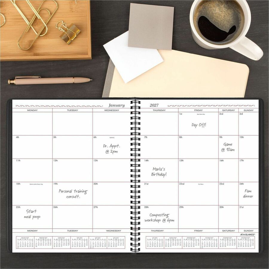 At-A-Glance Planner - Monthly - 1 Year - January 2026 to December 2026 - 1 Month Double Page Layout - 8" x 10" Sheet Size - Wire Bound - Simulated Leather - Black Cover - Address Directory, Phone Directory, Perforated - 1 Each