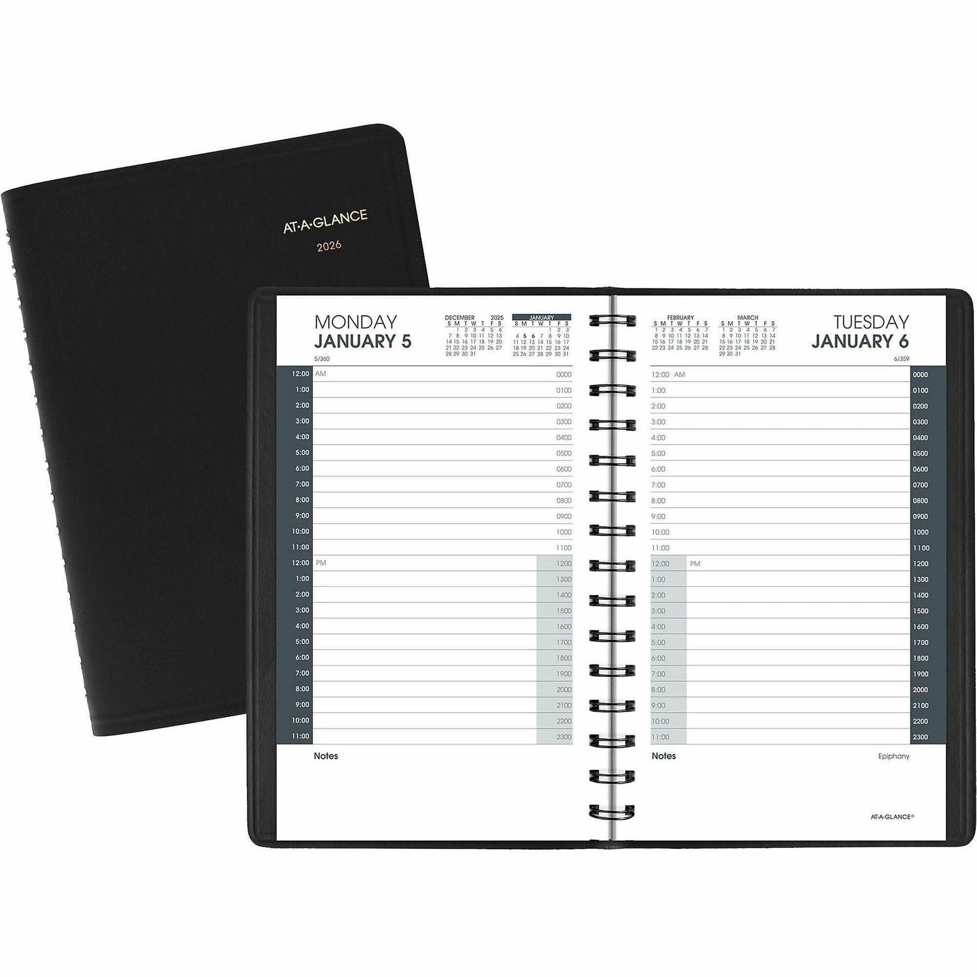 At-A-Glance 24-HourAppointment Book Planner - Julian Dates - Daily - 1 Year - January 2026 to December 2026 - 12:00 AM to 11:00 PM - Hourly - 1 Day Single Page Layout - 4 7/8" x 8" Sheet Size - Wire Bound - Black - Simulated Leather - 1 Each