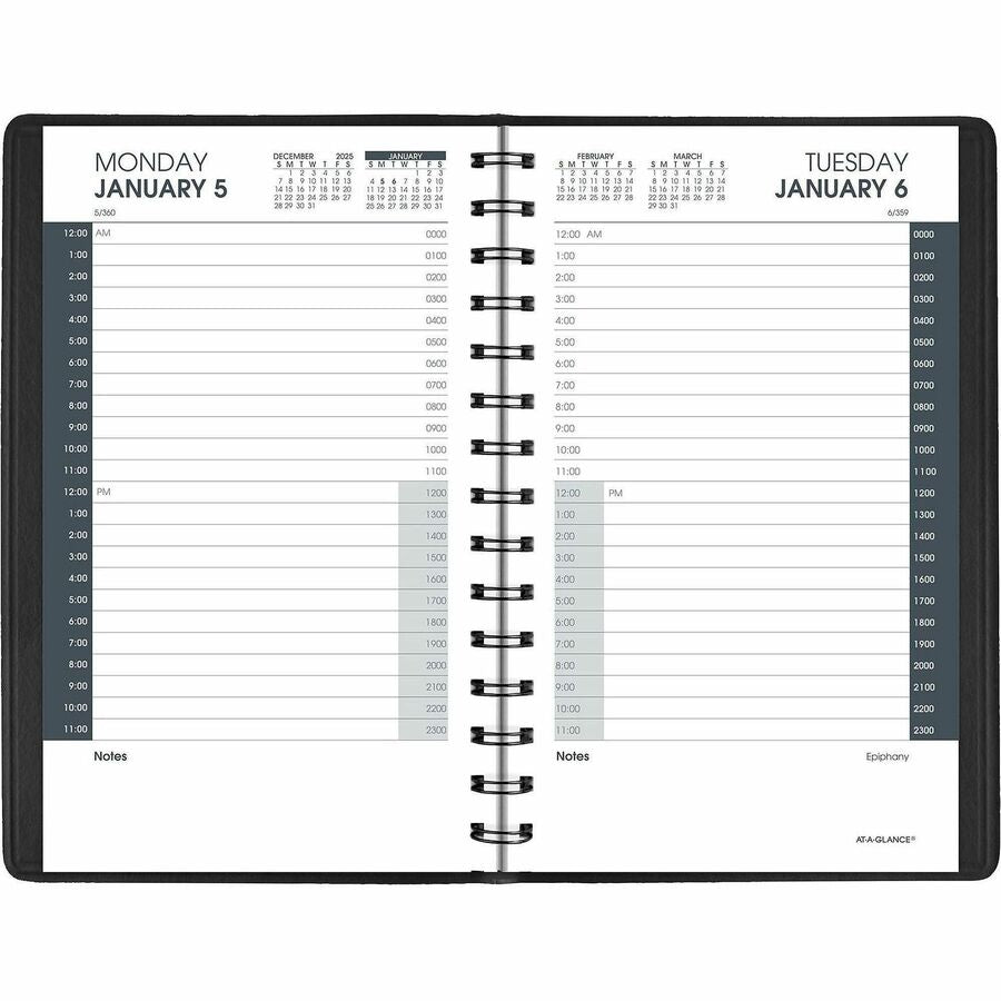 At-A-Glance 24-HourAppointment Book Planner - Julian Dates - Daily - 1 Year - January 2026 to December 2026 - 12:00 AM to 11:00 PM - Hourly - 1 Day Single Page Layout - 4 7/8" x 8" Sheet Size - Wire Bound - Black - Simulated Leather - 1 Each