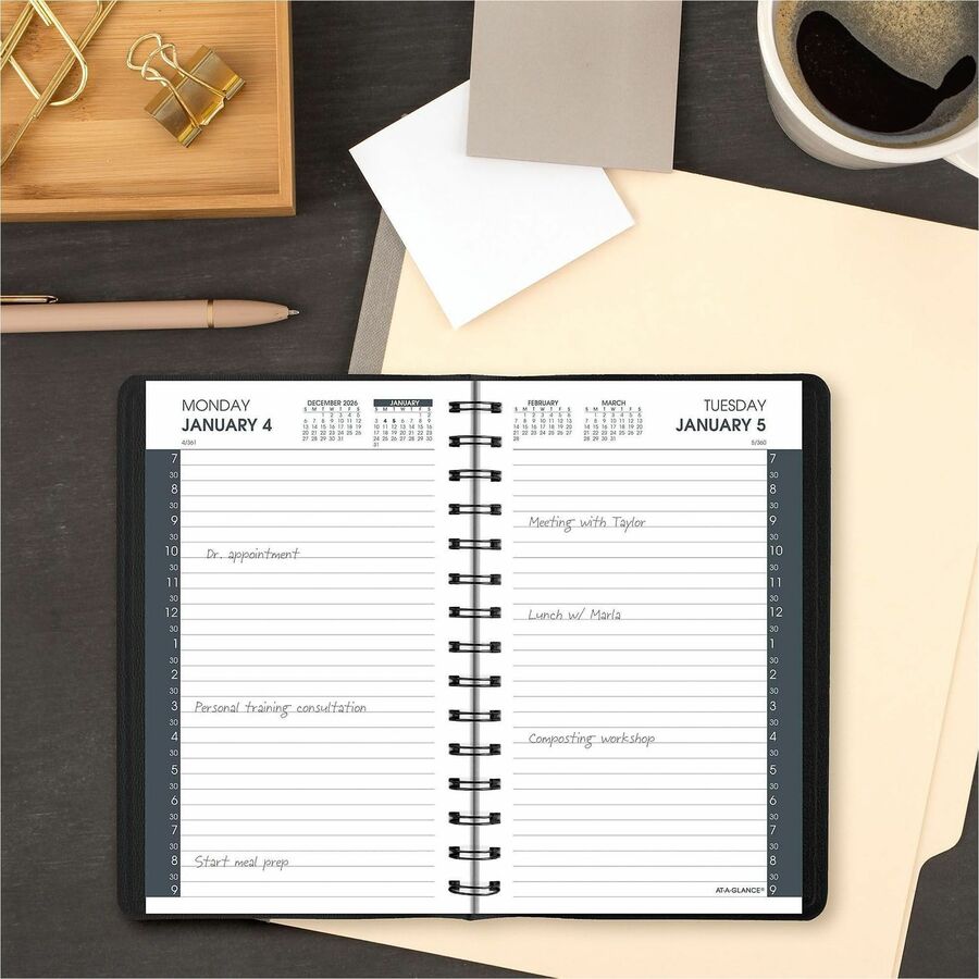 At-A-Glance Appointment Book Planner - Julian Dates - Daily - 1 Year - January 2026 to December 2026 - 7:00 AM to 9:00 PM - Half-hourly - 1 Day Single Page Layout - 4 7/8" x 8" Sheet Size - Wire Bound - Simulated Leather - Black Cover - 1 Each