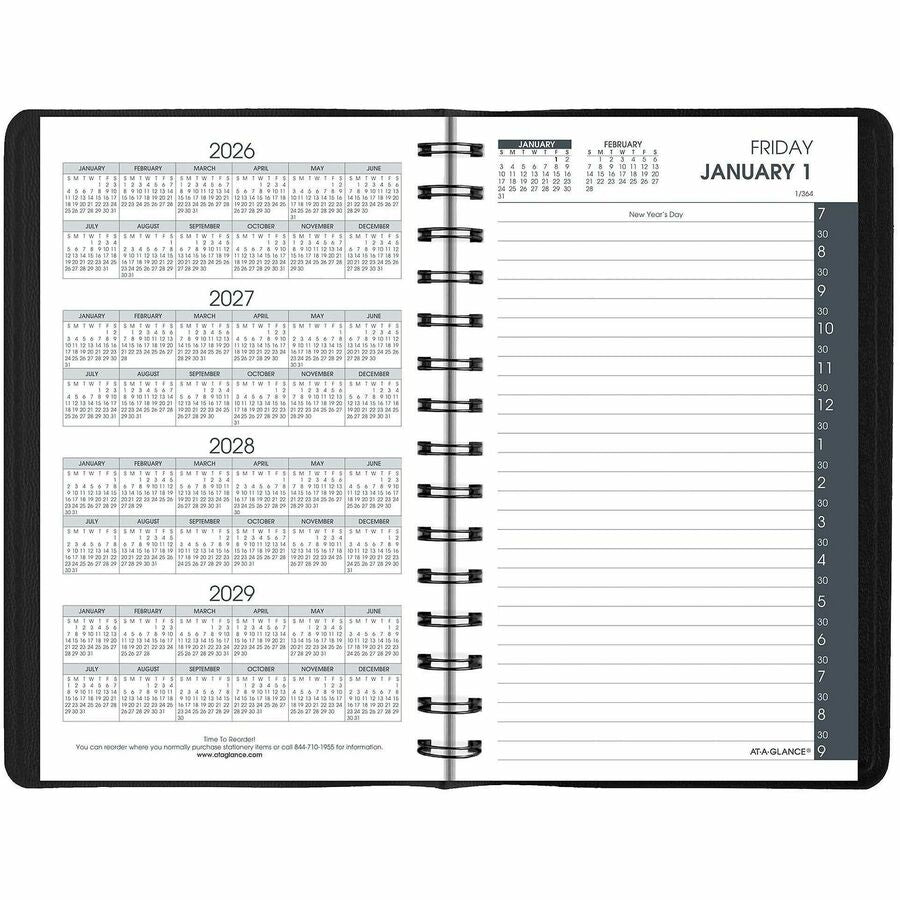 At-A-Glance Appointment Book Planner - Julian Dates - Daily - 1 Year - January 2026 to December 2026 - 7:00 AM to 9:00 PM - Half-hourly - 1 Day Single Page Layout - 4 7/8" x 8" Sheet Size - Wire Bound - Simulated Leather - Black Cover - 1 Each