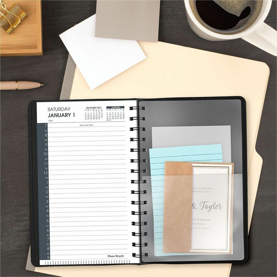 At-A-Glance Appointment Book Planner - Julian Dates - Daily - 1 Year - January 2026 to December 2026 - 7:00 AM to 9:00 PM - Half-hourly - 1 Day Single Page Layout - 4 7/8" x 8" Sheet Size - Wire Bound - Simulated Leather - Black Cover - 1 Each