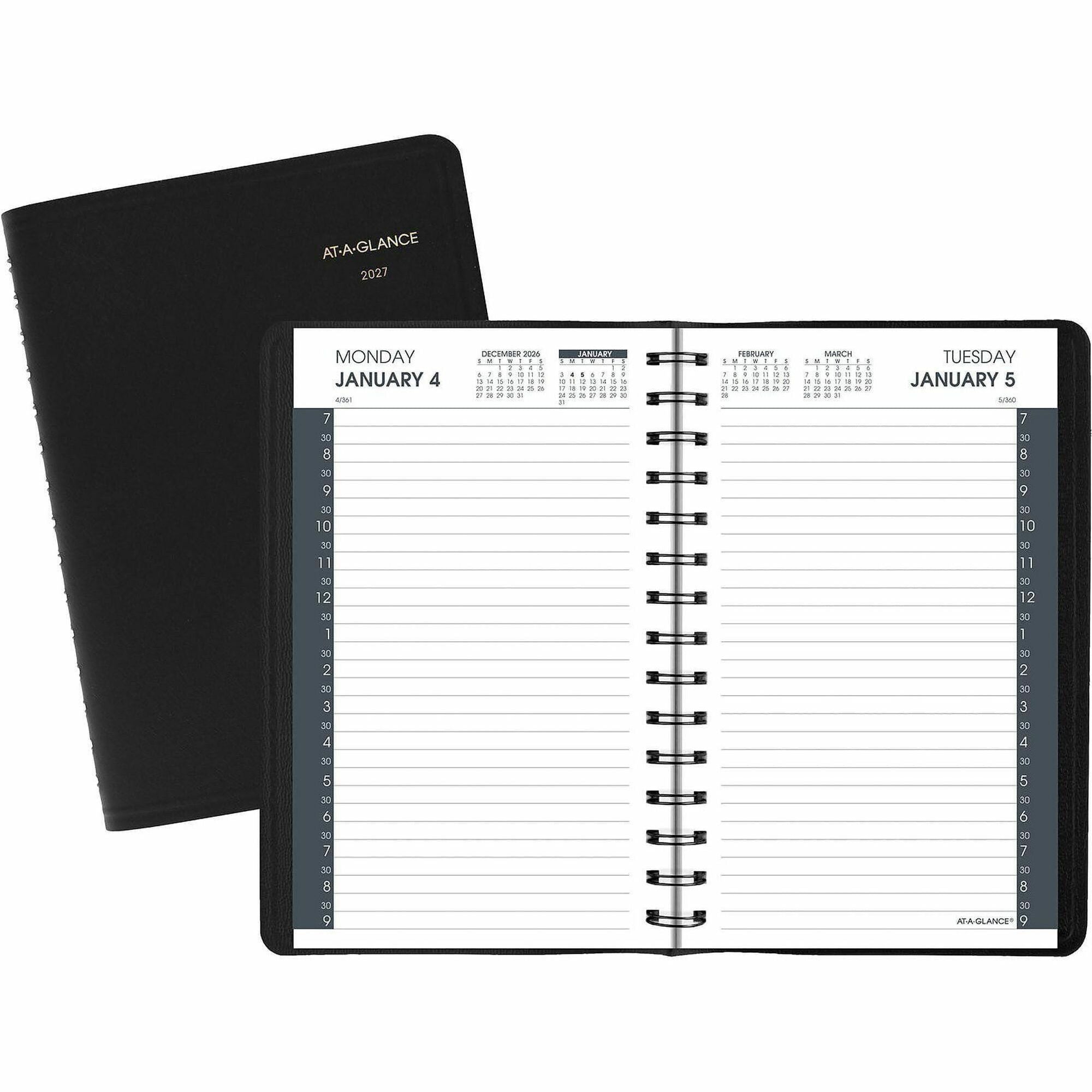 At-A-Glance Appointment Book Planner - Julian Dates - Daily - 1 Year - January 2026 to December 2026 - 7:00 AM to 9:00 PM - Half-hourly - 1 Day Single Page Layout - 4 7/8" x 8" Sheet Size - Wire Bound - Simulated Leather - Black Cover - 1 Each