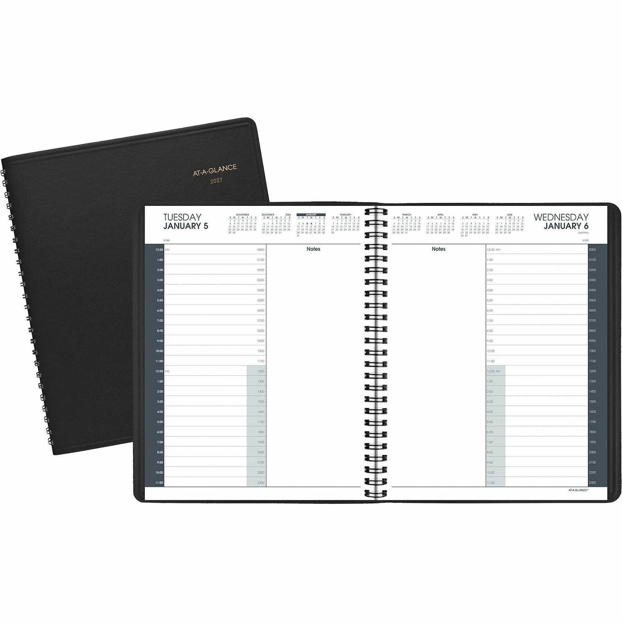 At-A-Glance 24-HourAppointment Book Planner - Daily - 12 Month - January 2026 to December 2026 - 12:00 AM to 11:00 PM - Hourly - 1 Day Single Page Layout - 8 1/2" x 11" Sheet Size - Wire Bound - Simulated Leather - Black Cover - Notepad - 1 Each