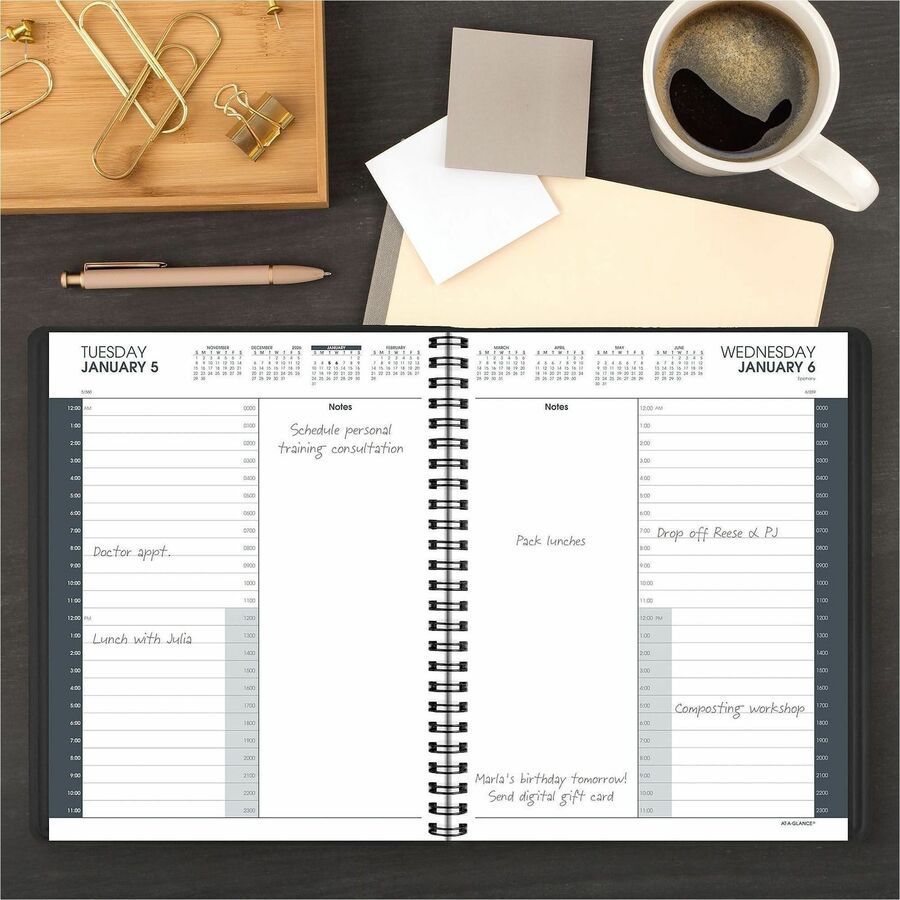 At-A-Glance 24-HourAppointment Book Planner - Daily - 12 Month - January 2026 to December 2026 - 12:00 AM to 11:00 PM - Hourly - 1 Day Single Page Layout - 8 1/2" x 11" Sheet Size - Wire Bound - Simulated Leather - Black Cover - Notepad - 1 Each