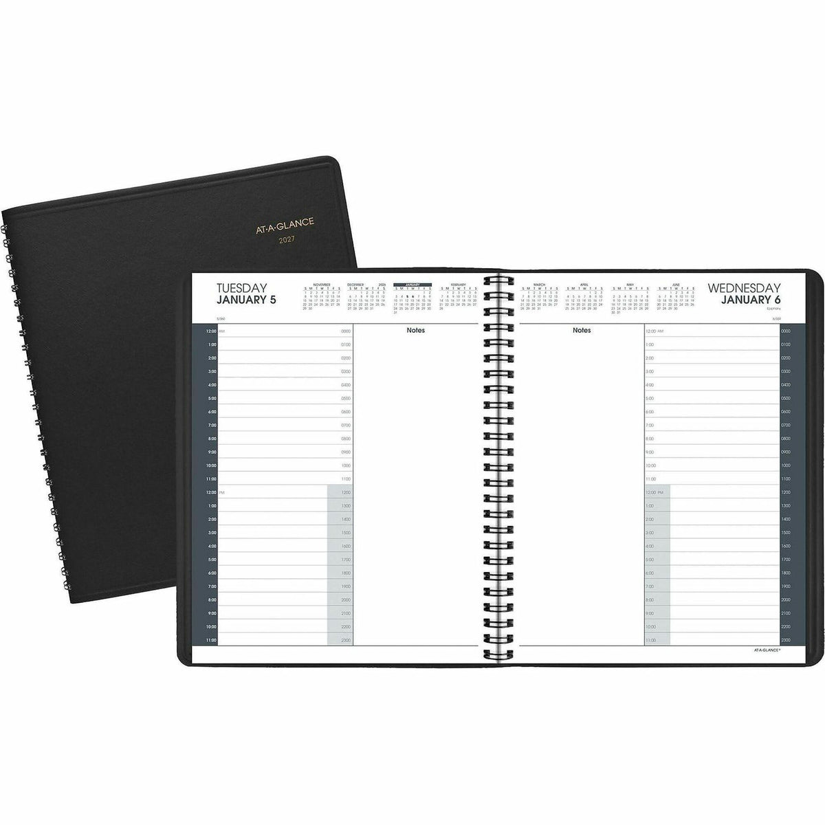 At-A-Glance 24-HourAppointment Book Planner - Daily - 12 Month - January 2027 to December 2027 - 12:00 AM to 11:00 PM - Hourly - 1 Day Single Page Layout - 8 1/2" x 11" Sheet Size - Wire Bound - Simulated Leather - Black Cover - 1 Each