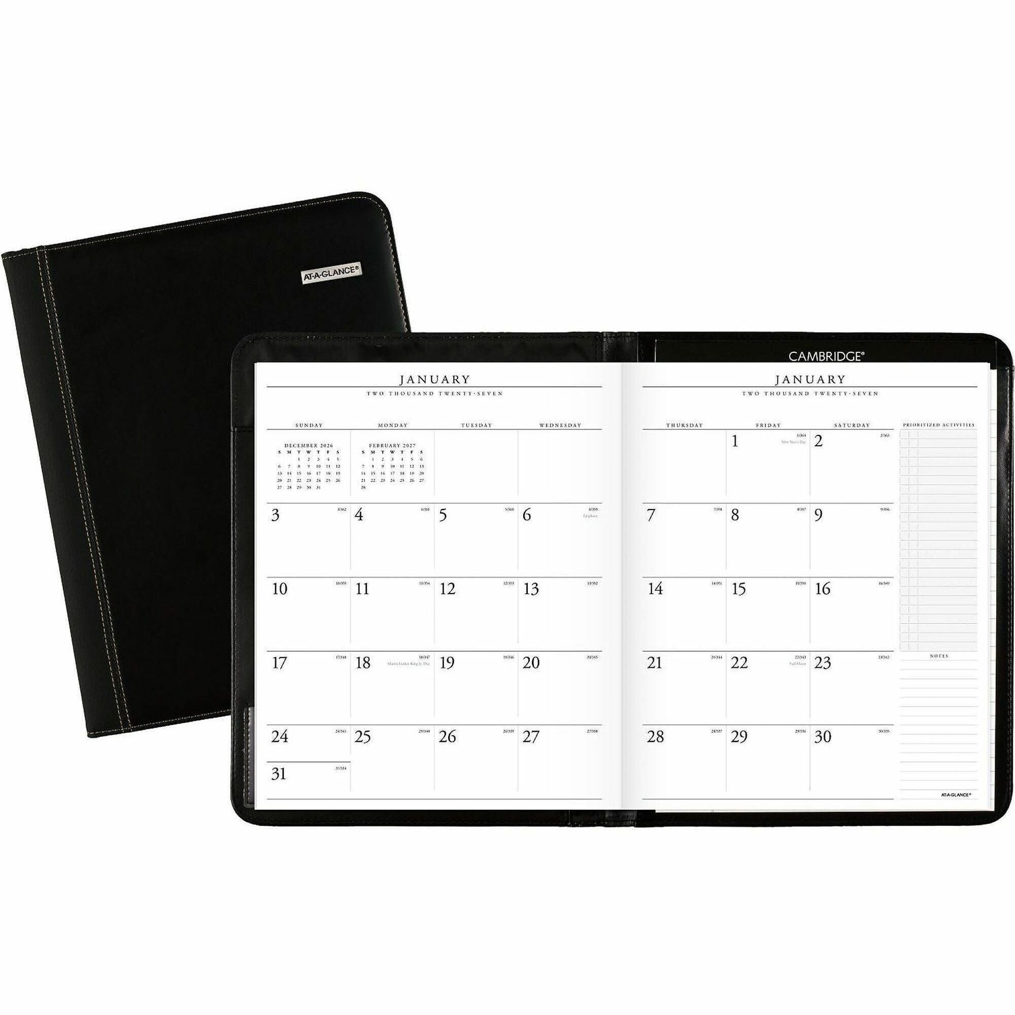 Monthly - 13 Month - January 2026 to January 2027 - 1 Month Double Page Layout - 9" x 11" Sheet Size - White Sheet - Stapled - Black - Simulated Leather, Faux Leather - Pocket, Holder, Notepad, Business Card Holder, Pen Loop, Reference Calendar - 1 Each
