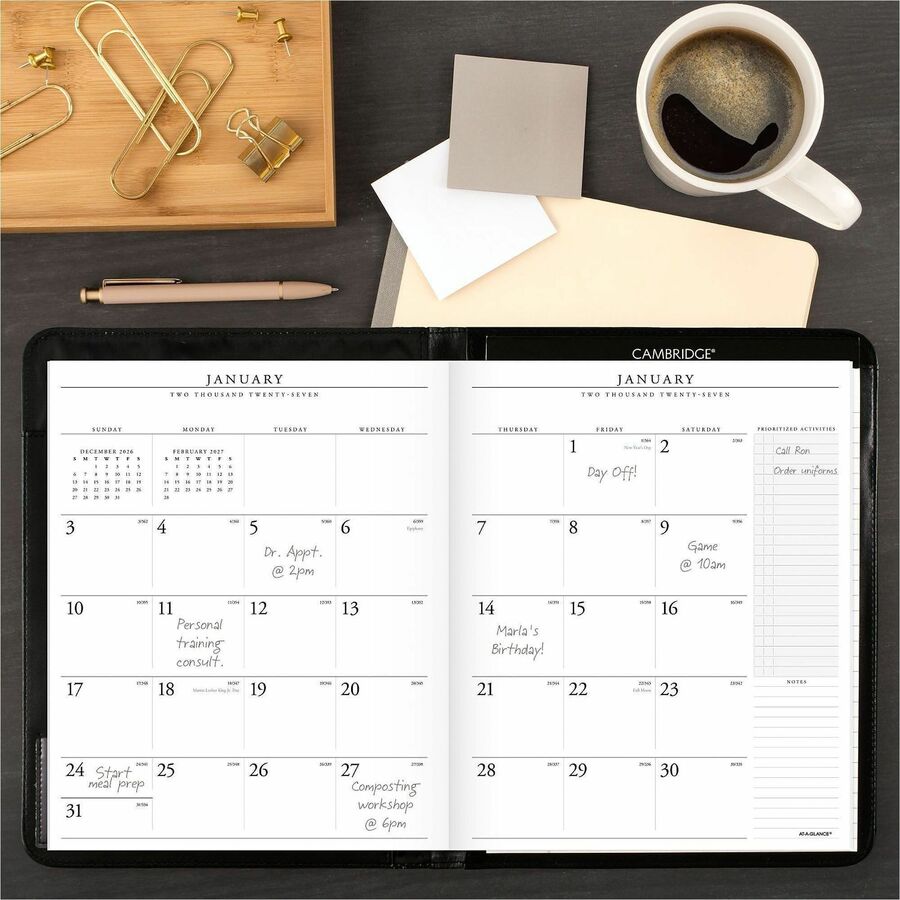 Monthly - 13 Month - January 2026 to January 2027 - 1 Month Double Page Layout - 9" x 11" Sheet Size - White Sheet - Stapled - Black - Simulated Leather, Faux Leather - Pocket, Holder, Notepad, Business Card Holder, Pen Loop, Reference Calendar - 1 Each