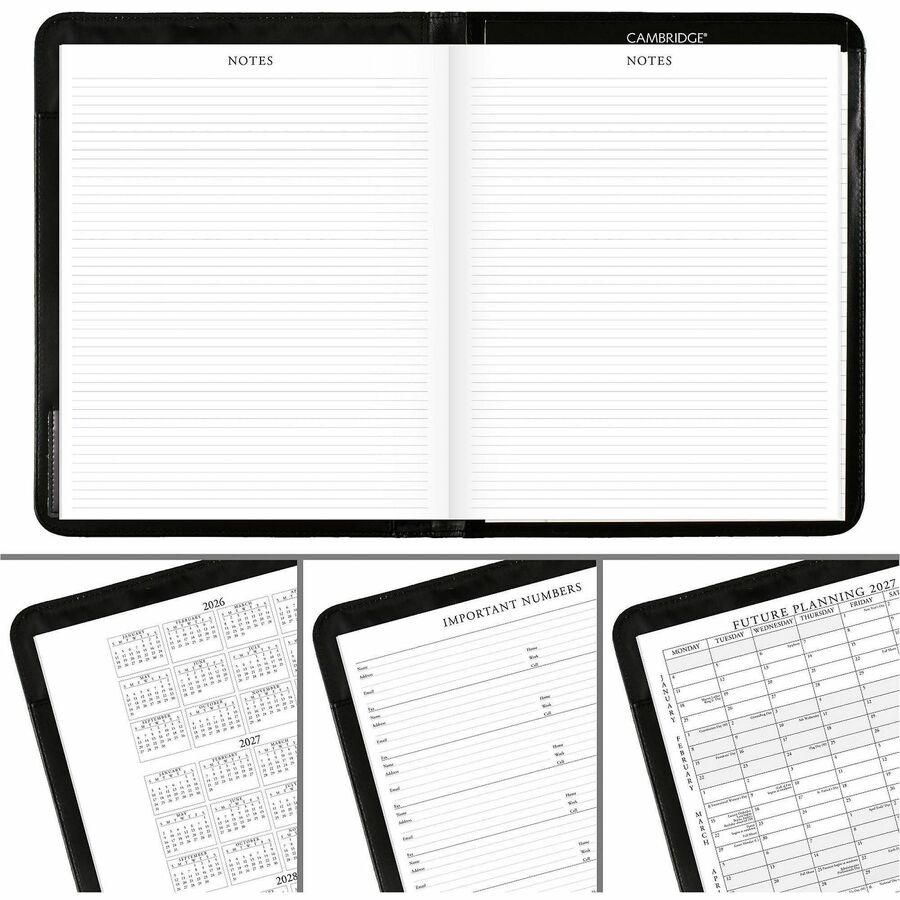 Monthly - 13 Month - January 2026 to January 2027 - 1 Month Double Page Layout - 9" x 11" Sheet Size - White Sheet - Stapled - Black - Simulated Leather, Faux Leather - Pocket, Holder, Notepad, Business Card Holder, Pen Loop, Reference Calendar - 1 Each