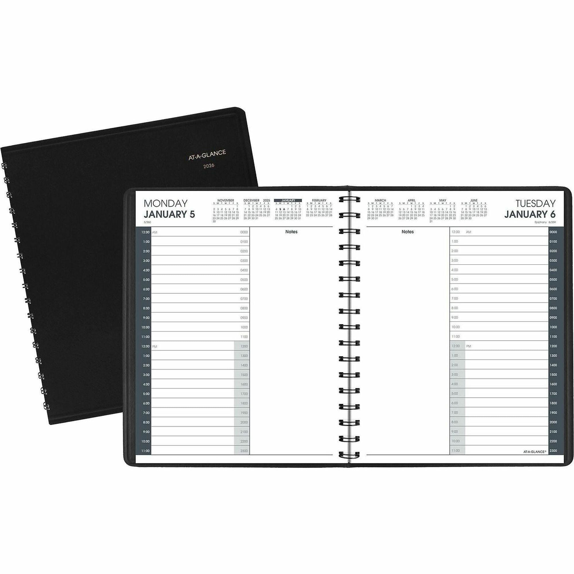 At-A-Glance 24-Hour Appointment Book Planner, Medium, Daily, January 2026-December 2026, 7" x 8 3/4", Wire Bound, Black Simulated Leather, Notepad, Double Pocket, Bleed Resistant, 1 Each