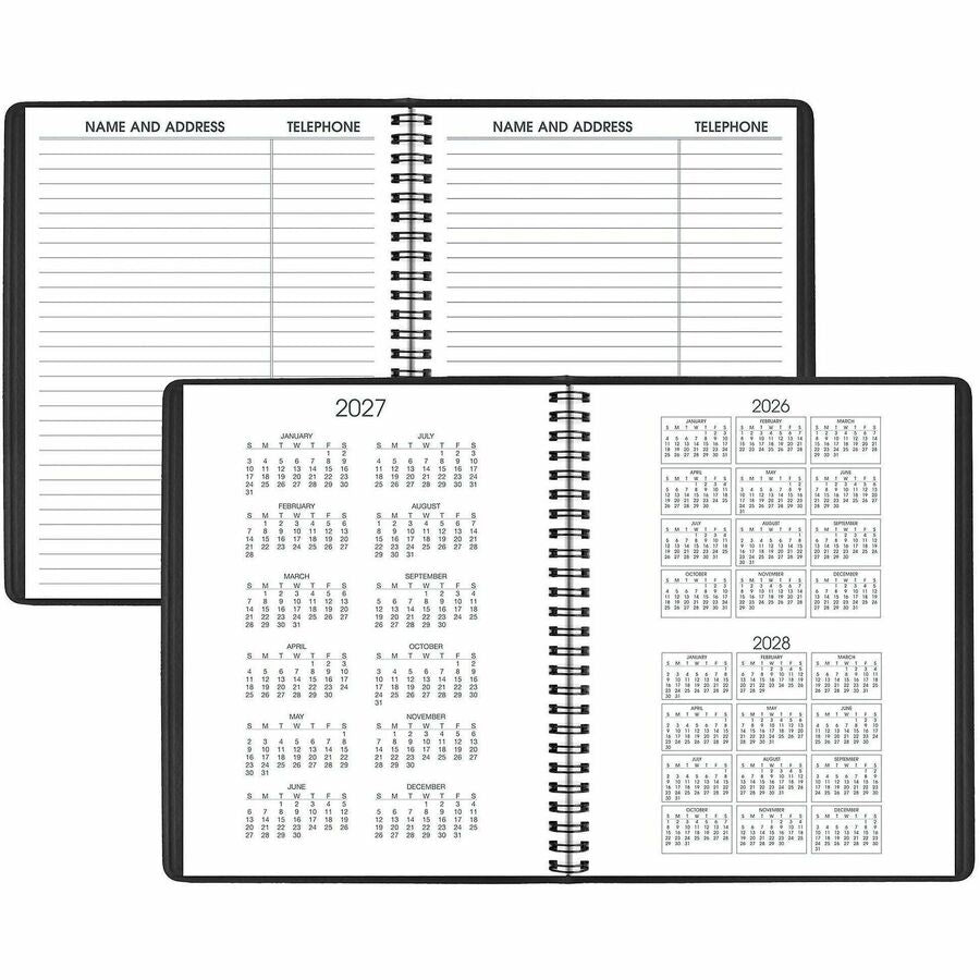 Medium - Julian Dates - Weekly - 1 Year - January 2026 to December 2026 - 1 Week Double Page Layout - 6 3/4" x 8 3/4" Sheet Size - White Sheet - Wire Bound - Black - Faux Leather - Reference Calendar, Double Pocket, Ruled - 1 Each