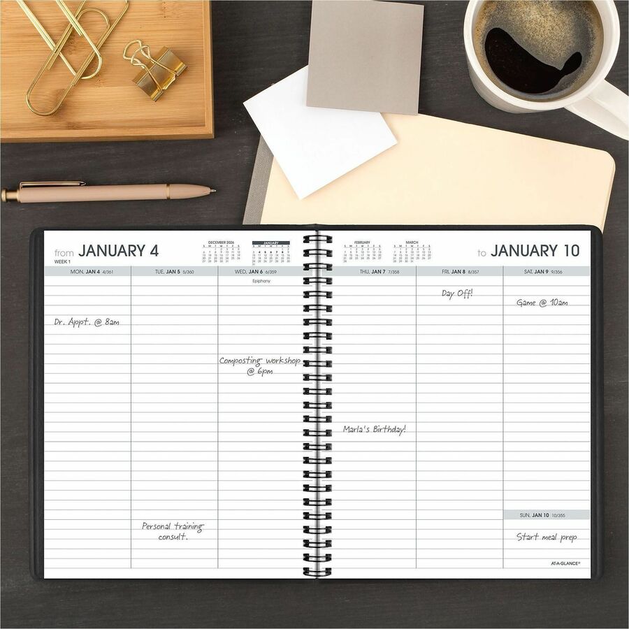 Medium - Julian Dates - Weekly - 1 Year - January 2026 to December 2026 - 1 Week Double Page Layout - 6 3/4" x 8 3/4" Sheet Size - White Sheet - Wire Bound - Black - Faux Leather - Reference Calendar, Double Pocket, Ruled - 1 Each