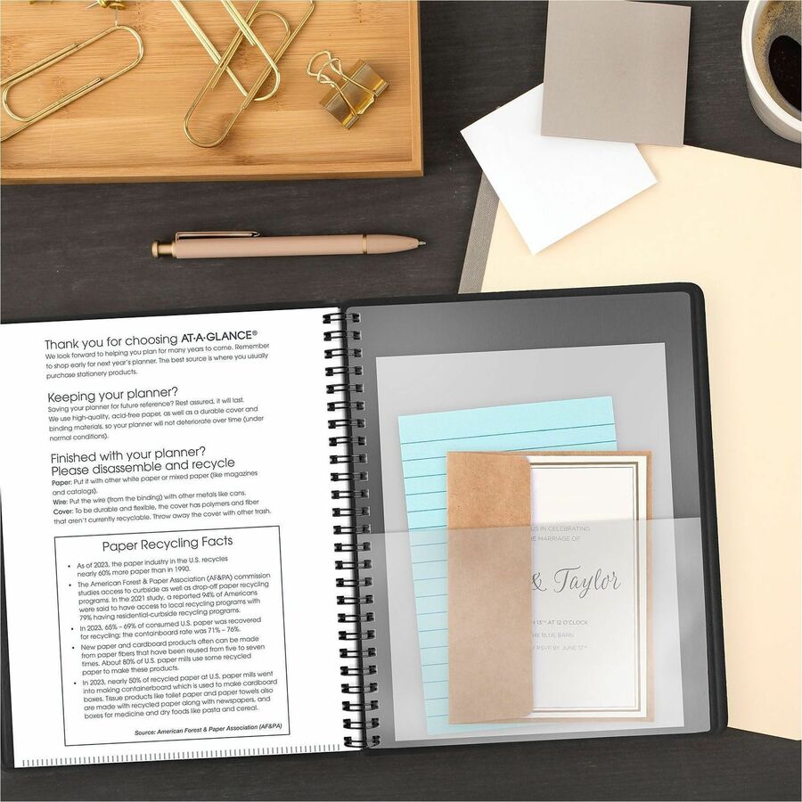 Medium - Julian Dates - Weekly - 1 Year - January 2026 to December 2026 - 1 Week Double Page Layout - 6 3/4" x 8 3/4" Sheet Size - White Sheet - Wire Bound - Black - Faux Leather - Reference Calendar, Double Pocket, Ruled - 1 Each