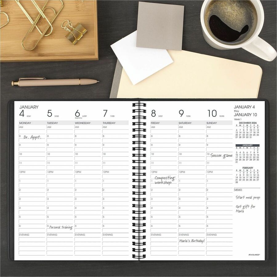 At-A-Glance Appointment Book Planner, Medium, Weekly, 13-Month, Jan 2026–Jan 2027, 8 AM–6 PM Hourly, 1 Week/2 Pages, 7" x 8 3/4", White Sheets, Wire Bound, Black Simulated Leather, 1 Each