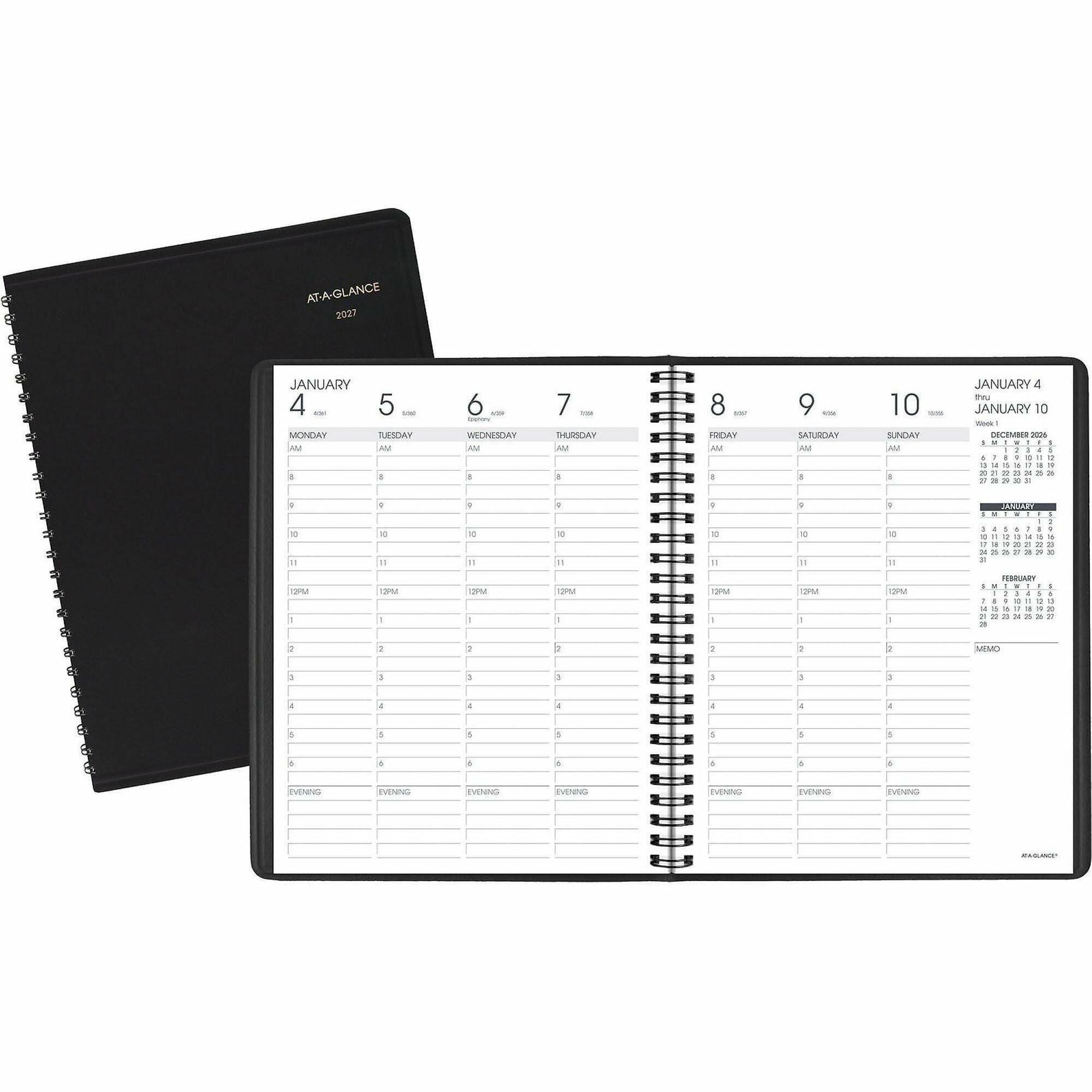 At-A-Glance Appointment Book Planner, Medium, Weekly, 13-Month, Jan 2026–Jan 2027, 8 AM–6 PM Hourly, 1 Week/2 Pages, 7" x 8 3/4", White Sheets, Wire Bound, Black Simulated Leather, 1 Each