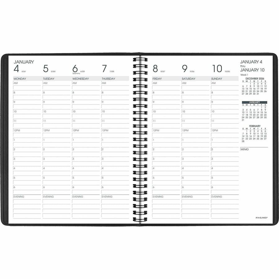 At-A-Glance Appointment Book Planner, Medium, Weekly, 13-Month, Jan 2026–Jan 2027, 8 AM–6 PM Hourly, 1 Week/2 Pages, 7" x 8 3/4", White Sheets, Wire Bound, Black Simulated Leather, 1 Each