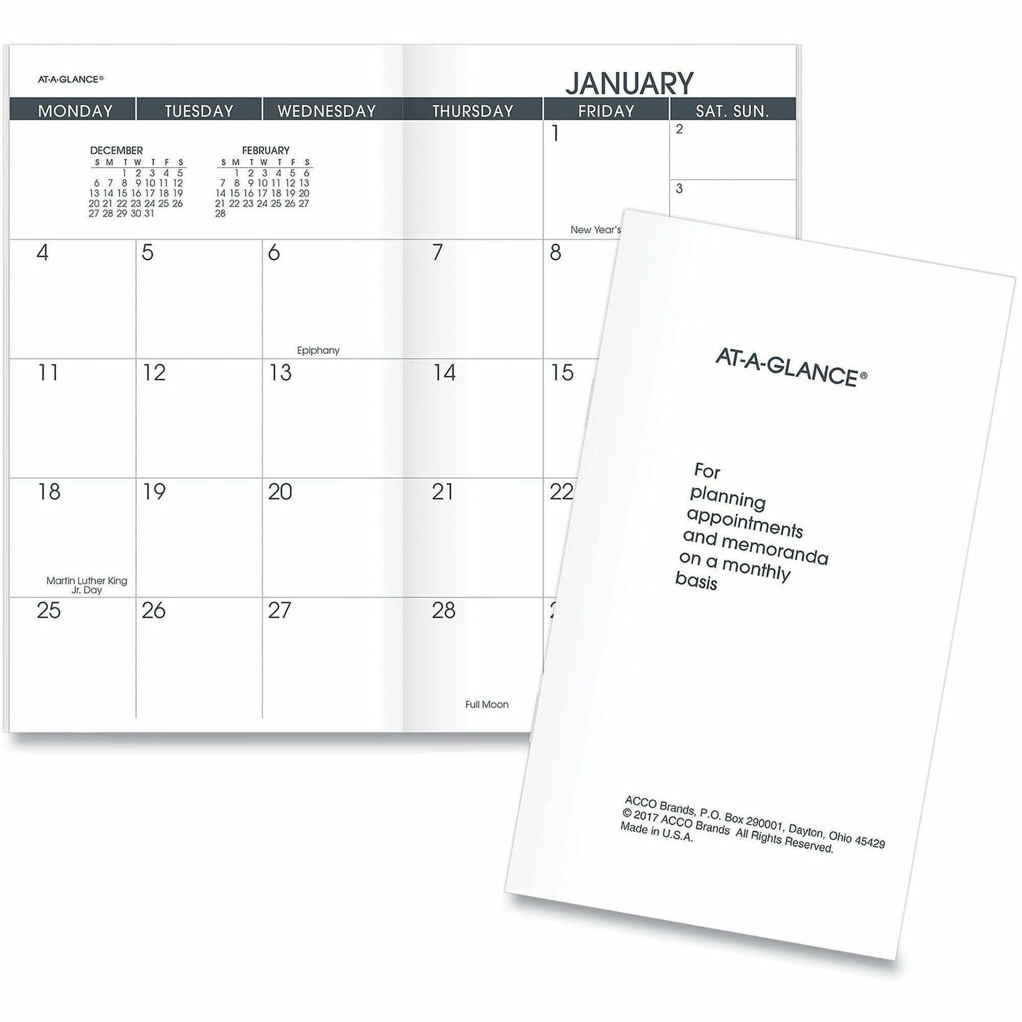 Pocket - Monthly - 12 Month - January 2026 to December 2026 - 1 Month Double Page Layout - 3 1/2" x 6" Sheet Size - White Sheet - Stapled - White - Paper - Bleed Resistant, Unruled Daily Block - 1 Each
