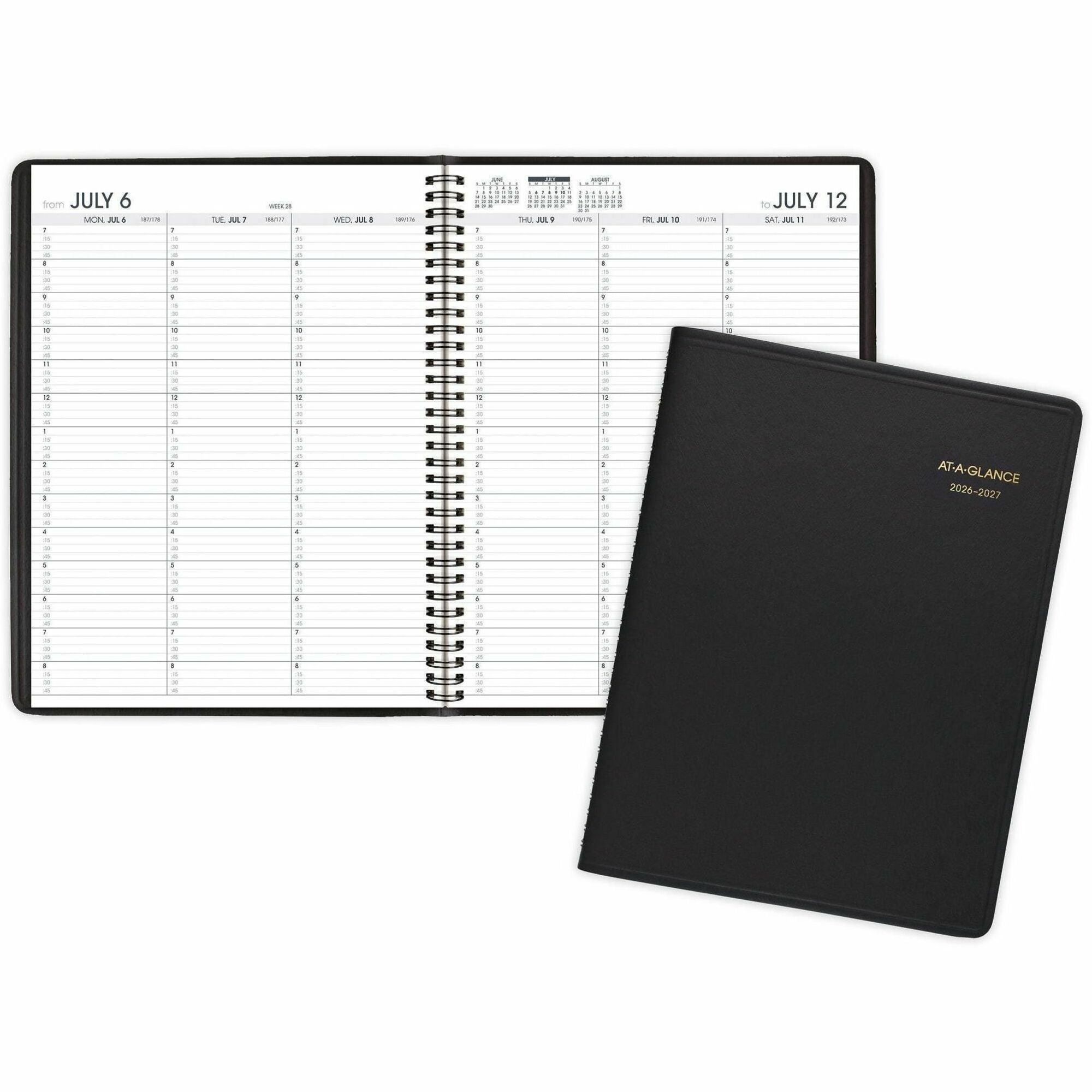 Julian Dates - Weekly - 14 Month - July 2025 to August 2026 - 7:00 AM to 8:45 PM - Quarter-hourly, 7:00 AM to 5:30 PM - Quarter-hourly - 1 Week Double Page Layout - 8 1/4" x 10 7/8" Sheet Size - Wire Bound - Black - Simulated Leather - 1 Each