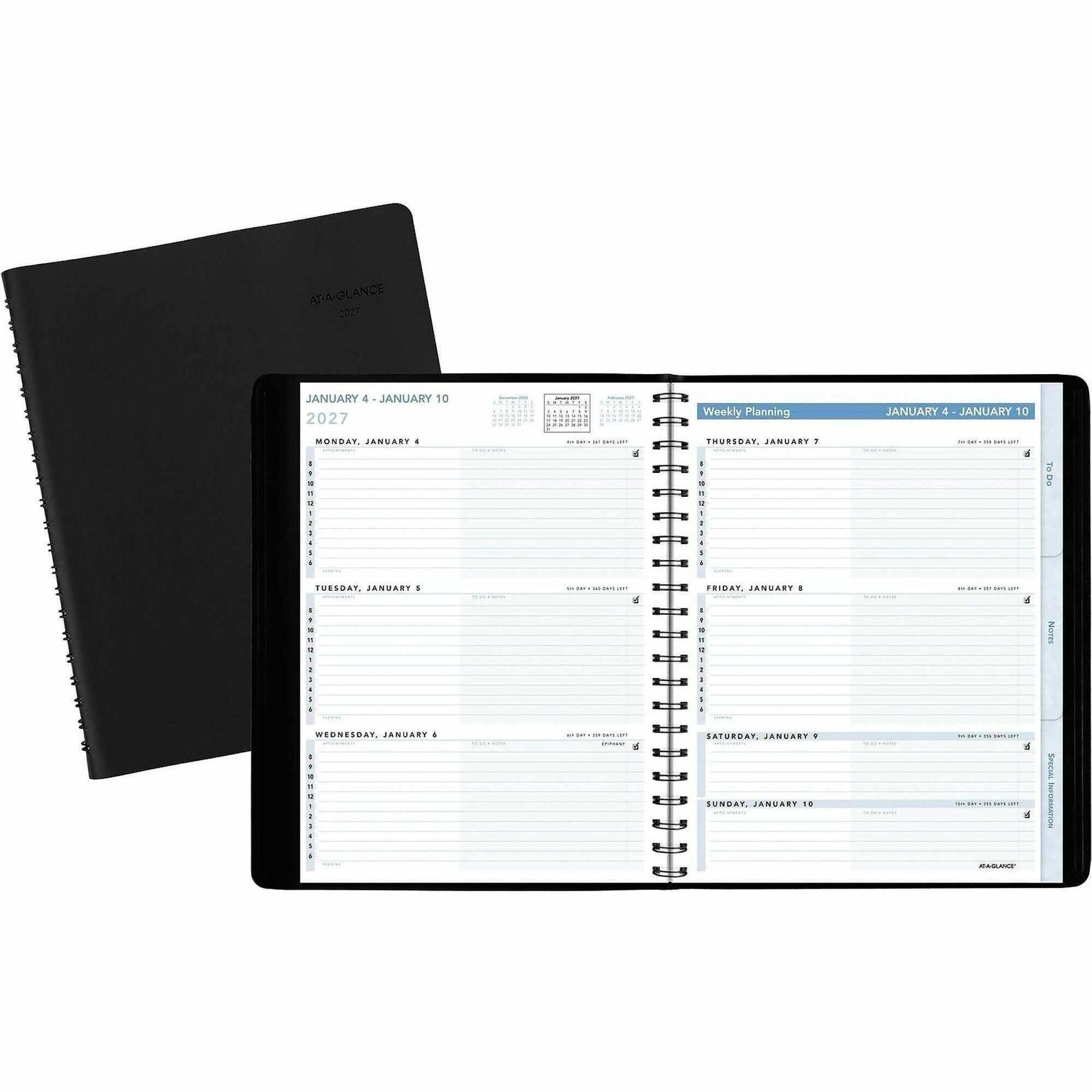 At-A-Glance Action Planner Appointment Book, Large, Weekly, January 2026-December 2026, 8" x 11", Wire Bound, Black Faux Leather, Pocket, Tabbed, Ruled, Bleed/Wear/Tear/Snag Resistant, 1 Each