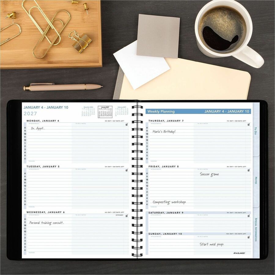 At-A-Glance Action Planner Appointment Book, Large, Weekly, January 2026-December 2026, 8" x 11", Wire Bound, Black Faux Leather, Pocket, Tabbed, Ruled, Bleed/Wear/Tear/Snag Resistant, 1 Each