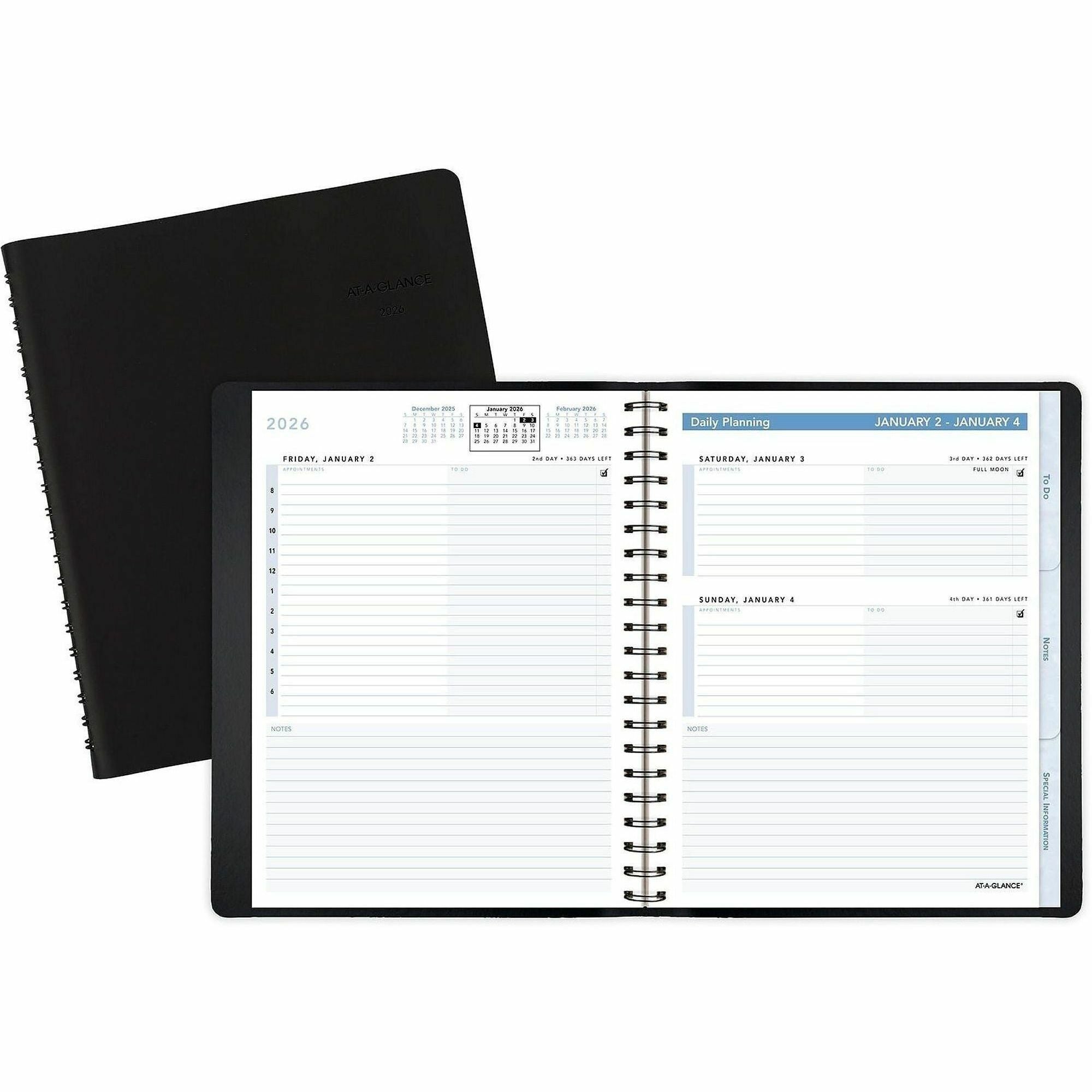 At-A-Glance Action Planner Appointment Book, Medium, Daily, January 2026–December 2026, 8:00 AM–6:00 PM, 1 Day/Page, 6.5" x 8.75", Wire Bound, Black, Simulated Leather, 1 Each