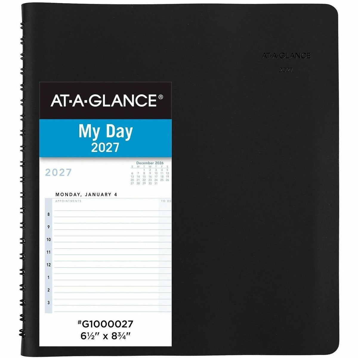At-A-Glance Action Planner Daily Appointment Book, Medium, January-December 2027, 6.5" x 8.75", One Day per Page, 8 AM-6 PM Hourly Schedule, Wire-Bound, Black Faux Leather, Julian Dates