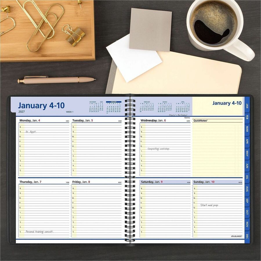 At-A-Glance QuickNotes Appointment Book Planner, Large, Weekly/Monthly, January 2026-December 2026, 8" x 10", Wire Bound, Black Faux Leather Cover, White Sheets, 1 Each