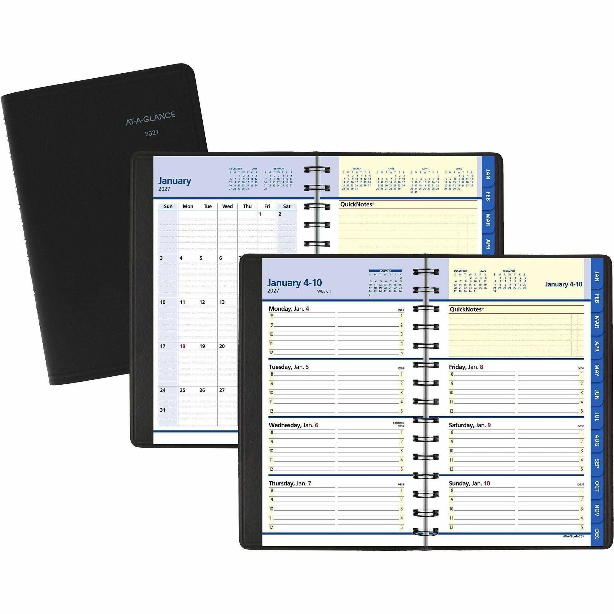 At-A-Glance QuickNotes Appointment Book Planner, Large, Weekly/Monthly, January 2026–December 2026, 8:00 AM–5:00 PM Hourly, 5" x 8", Wire Bound, Black Faux Leather Cover, 1 Each
