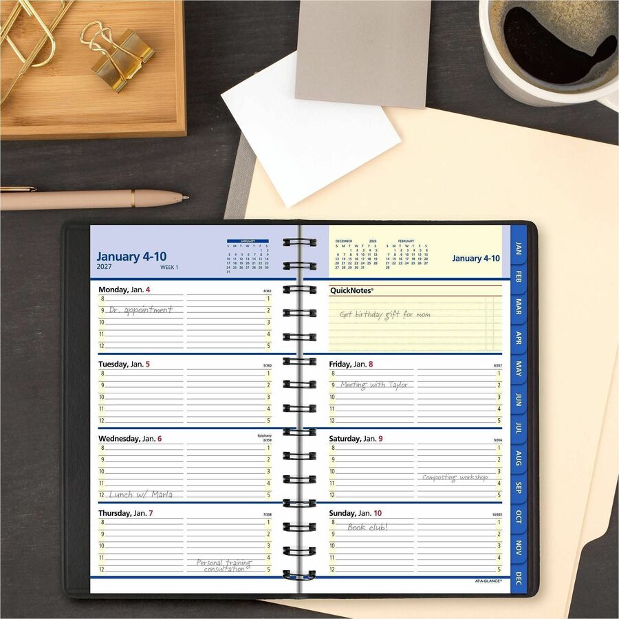 At-A-Glance QuickNotes Appointment Book Planner, Large, Weekly/Monthly, January 2026–December 2026, 8:00 AM–5:00 PM Hourly, 5" x 8", Wire Bound, Black Faux Leather Cover, 1 Each