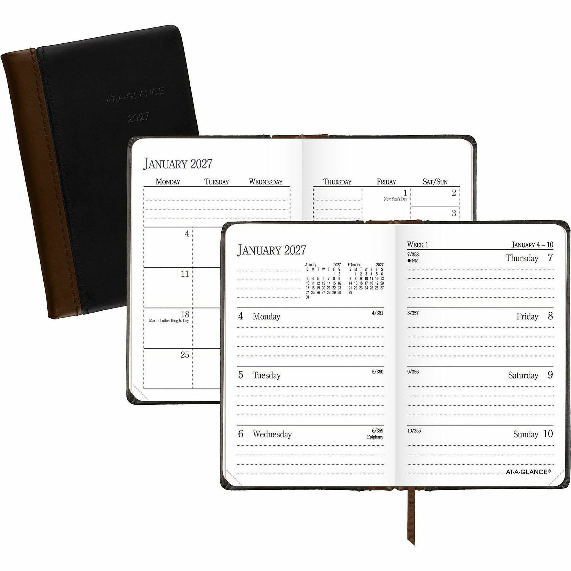 At-A-Glance QuickNotes Planner, Large, Monthly, 12 Months (Jan-Dec 2026), 8 1/4" x 11", Wire Bound, Black Simulated Leather Cover, White Sheets, Tabbed, Storage Pocket, 1 Each