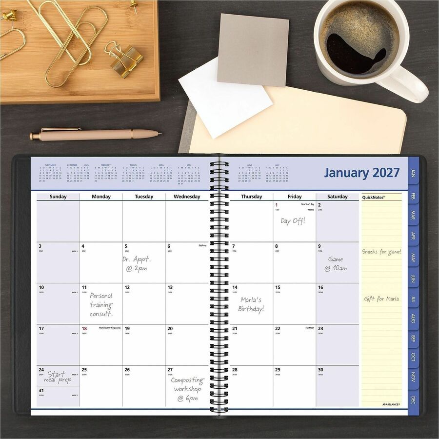 At-A-Glance QuickNotes Planner, Large, Monthly, 12 Months (Jan-Dec 2026), 8 1/4" x 11", Wire Bound, Black Simulated Leather Cover, White Sheets, Tabbed, Storage Pocket, 1 Each