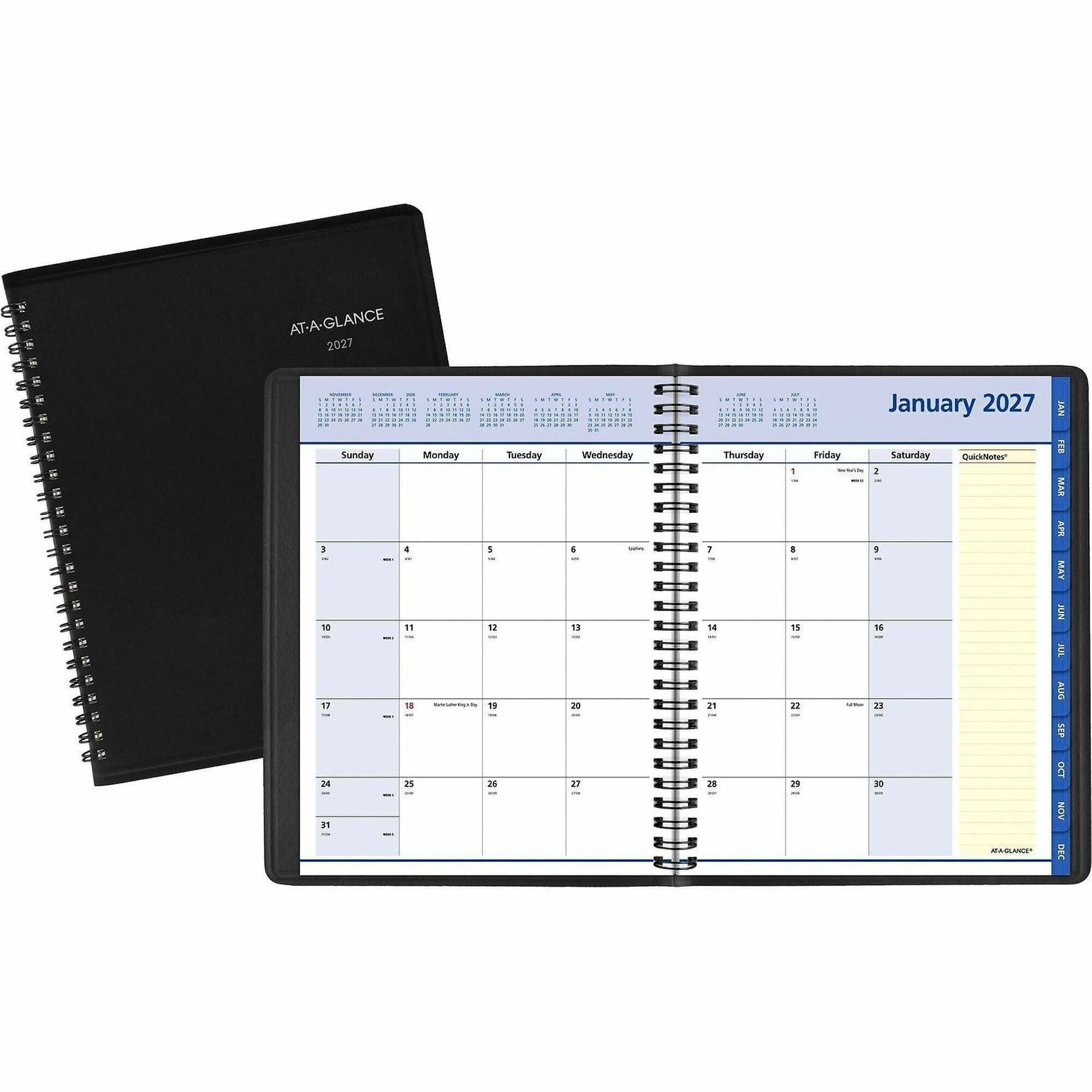 At-A-Glance QuickNotes Planner, Medium, Monthly, 12 Months (Jan-Dec 2026), 7" x 8 3/4", Wire Bound, Black Simulated Leather Cover, Tabbed, Bleed Resistant Paper, Storage Pocket, 1 Each