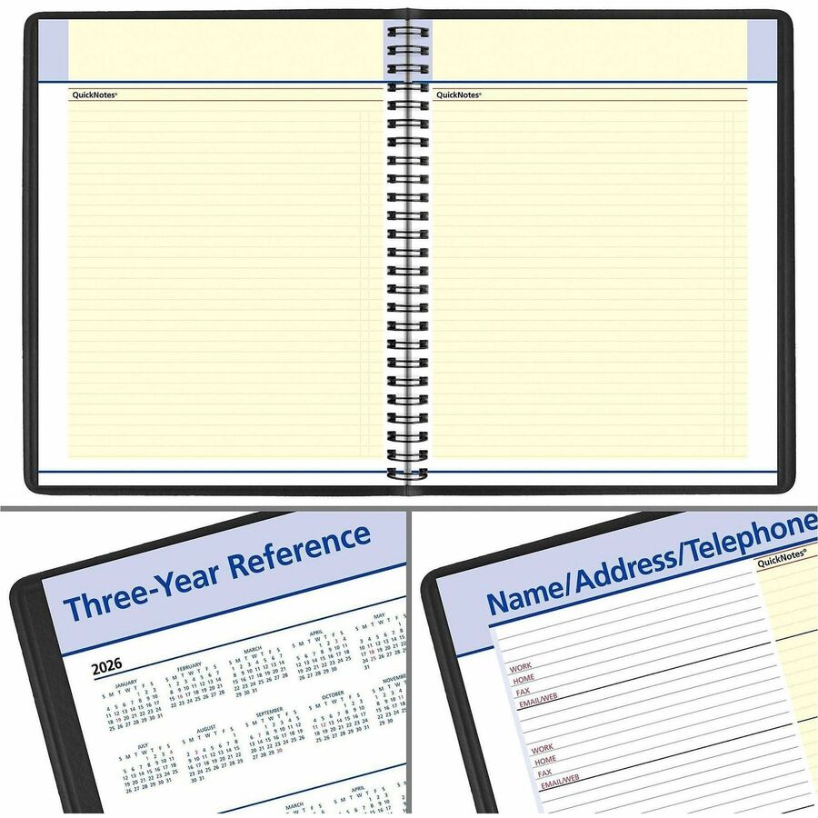 At-A-Glance QuickNotes Planner, Medium, Monthly, 12 Months (Jan-Dec 2026), 7" x 8 3/4", Wire Bound, Black Simulated Leather Cover, Tabbed, Bleed Resistant Paper, Storage Pocket, 1 Each