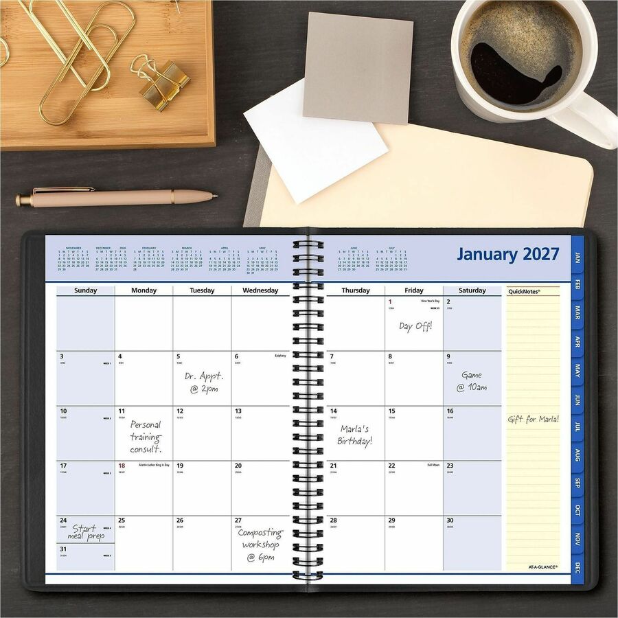 At-A-Glance QuickNotes Planner, Medium, Monthly, 12 Months (Jan-Dec 2026), 7" x 8 3/4", Wire Bound, Black Simulated Leather Cover, Tabbed, Bleed Resistant Paper, Storage Pocket, 1 Each