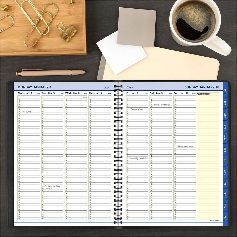At-A-Glance QuickNotes Appointment Book Planner, Large, Weekly/Monthly, January-December 2026, 8:00 AM-8:45 PM, Black Simulated Leather Cover, 8 3/4" x 11", 1 Each