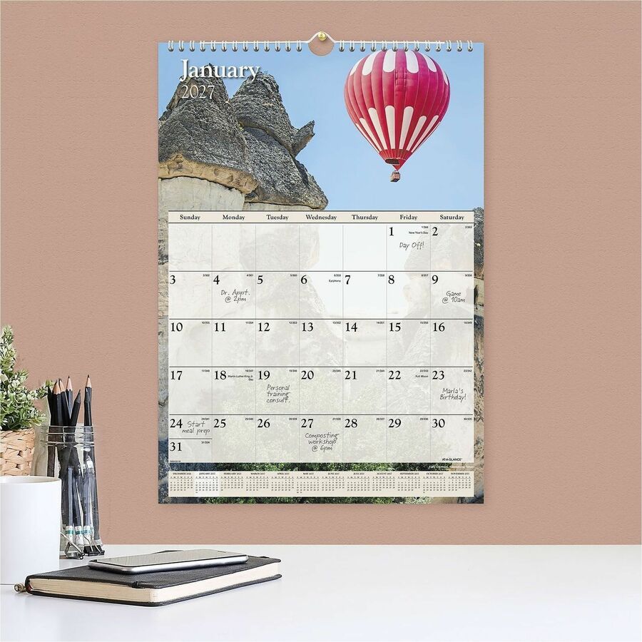 At-A-Glance Scenic Wall Calendar, Medium, Monthly, 12" x 17", Wire Bound, White, January 2026-December 2026, 1 Each