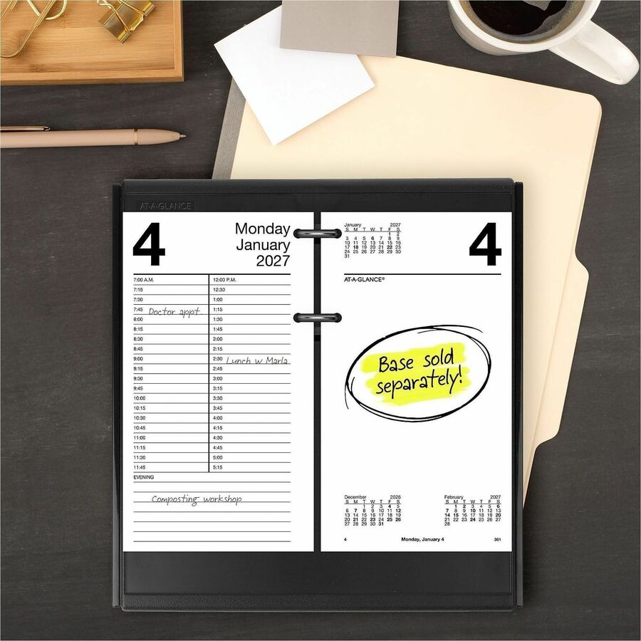 At-A-Glance Loose-Leaf Desk Calendar Refill, Large, Daily, 12 Months (Jan-Dec 2026), 7:00 AM-5:15 PM Quarter-hourly, 1 Day Double Page Layout, 4.5" x 8", White, 1 Each