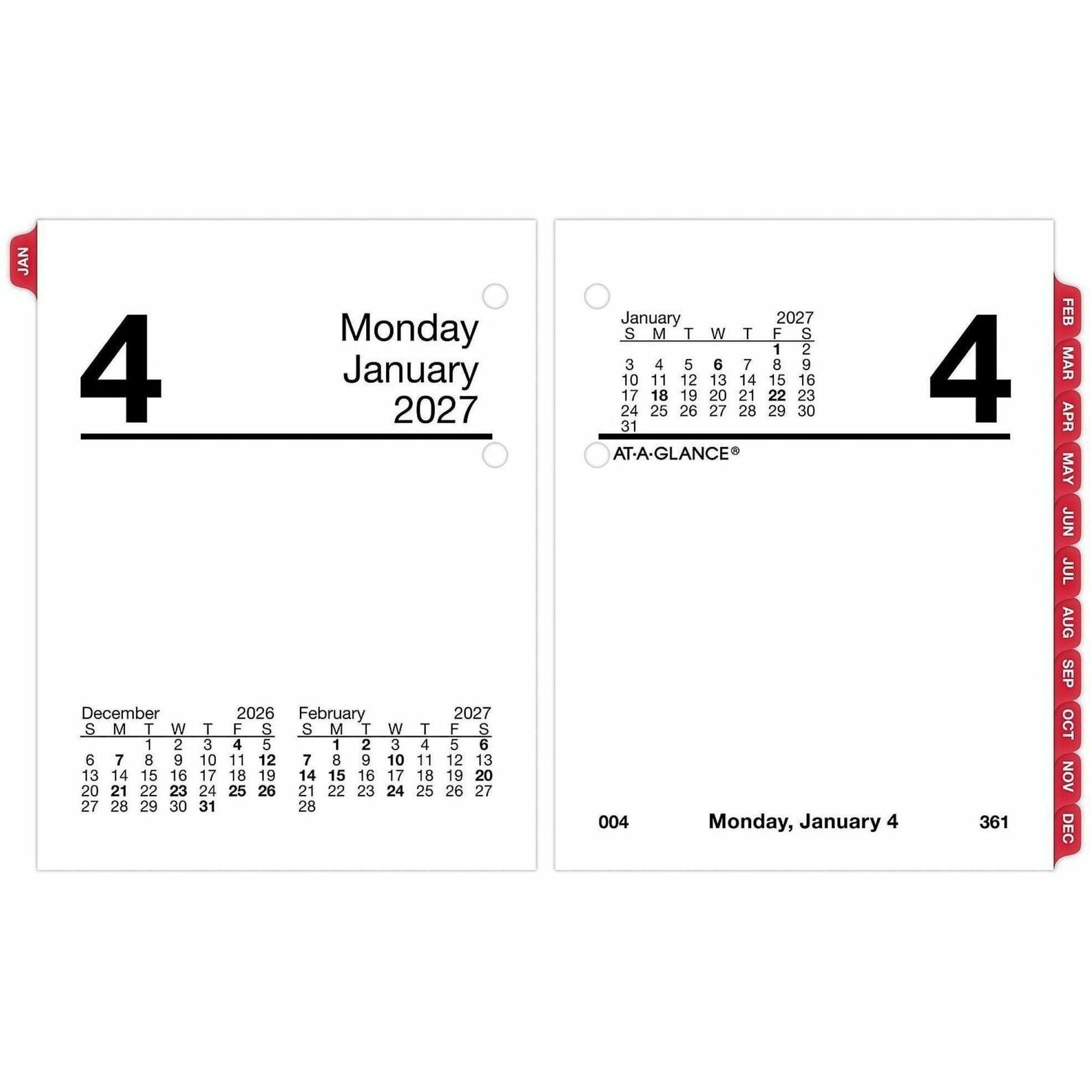 At-A-Glance Loose-Leaf Desk Calendar Refill, Mini, Daily, 12-Month, January 2026–December 2026, 3 3/4" x 3", White Sheets, Monthly Tabs, Reference Calendar, Year Date Indicator, 1 Each