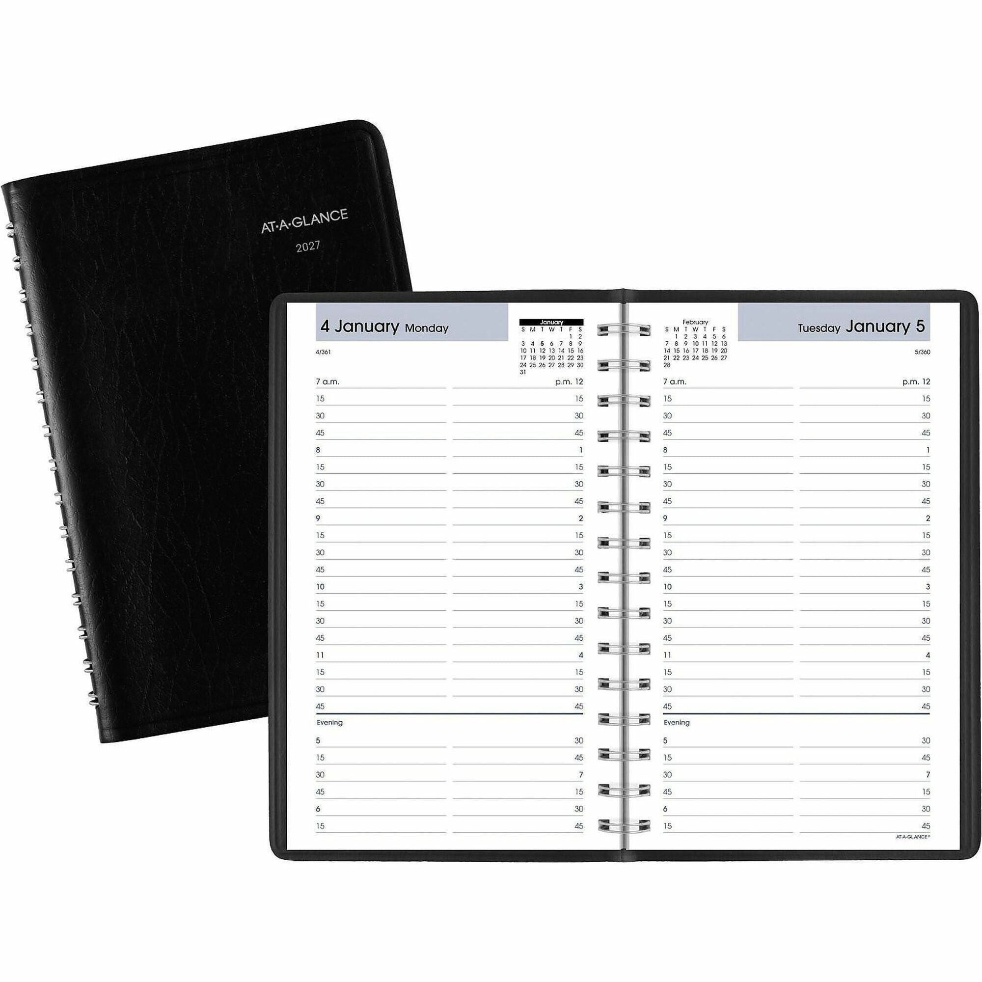 At-A-Glance DayMinder Appointment Book Planner, Daily, Small, 12 Months, January 2026–December 2026, 7:00 AM–7:45 PM, Quarter-Hourly, 5" x 8", Wire Bound, Black, 1 Each
