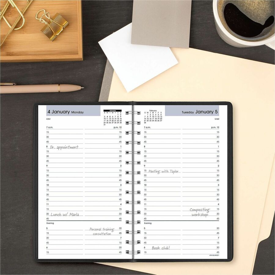 At-A-Glance DayMinder Appointment Book Planner, Daily, Small, 12 Months, January 2026–December 2026, 7:00 AM–7:45 PM, Quarter-Hourly, 5" x 8", Wire Bound, Black, 1 Each