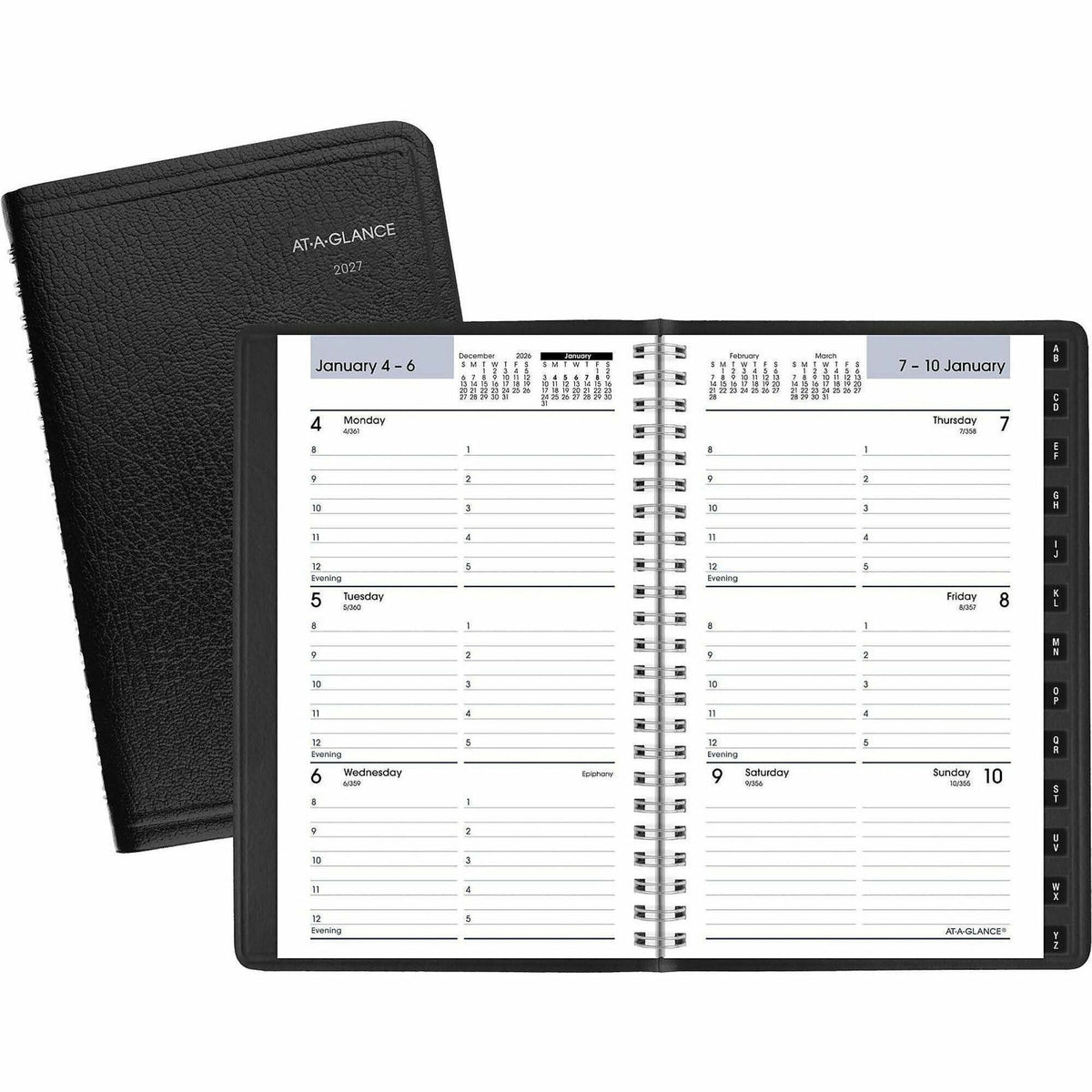 At-A-Glance DayMinder Weekly Appointment Book, January-December 2027, 4.875" x 8", Weekly Double-Page Layout, 8 AM-5 PM Hourly Schedule, Wire-Bound, Black Faux Leather Cover, Julian Dates