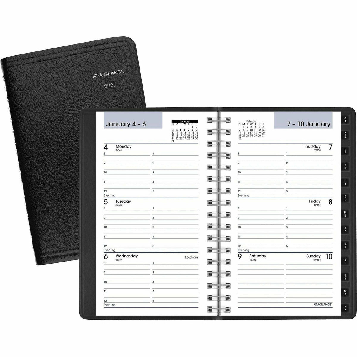 At-A-Glance DayMinder Weekly Appointment Book, Pocket, January-December 2027, 3.5" x 6", Weekly Double-Page Layout, 8 AM-5 PM Hourly Schedule, Wire-Bound, Black Faux Leather Cover, Julian Dates