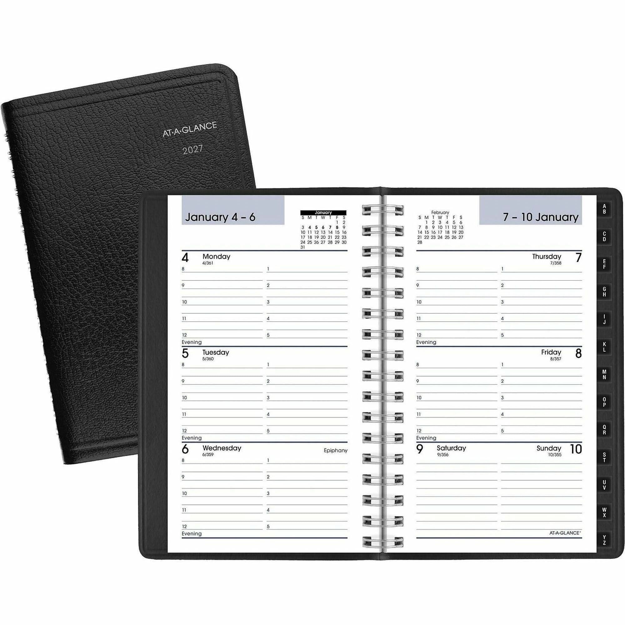 At-A-Glance DayMinder Weekly Pocket Planner, 12-Month, January-December 2026, 3 1/2" x 6", Wire Bound, Black Simulated Leather Cover, 1 Each