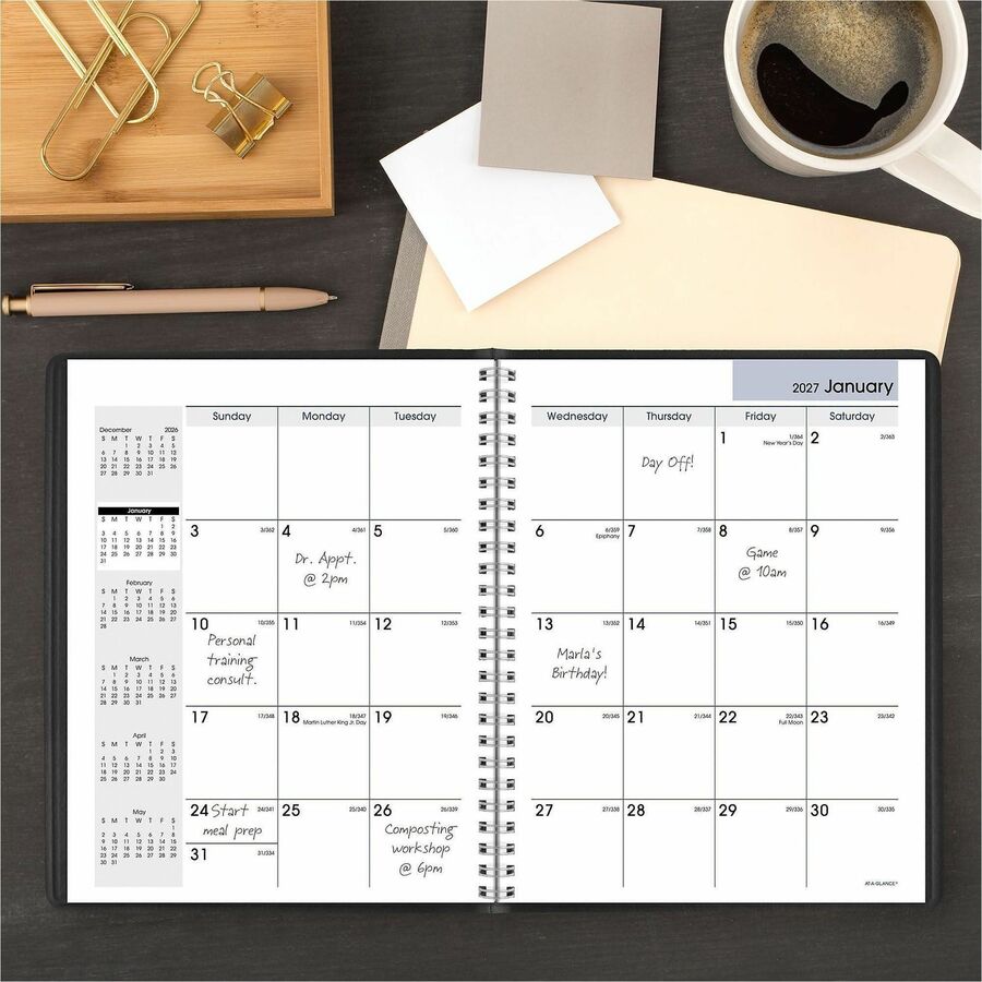 At-A-Glance DayMinder Monthly Planner, Medium, 7" x 8 3/4", Wire Bound, Black Simulated Leather Cover, January 2026-December 2026, 1 Each