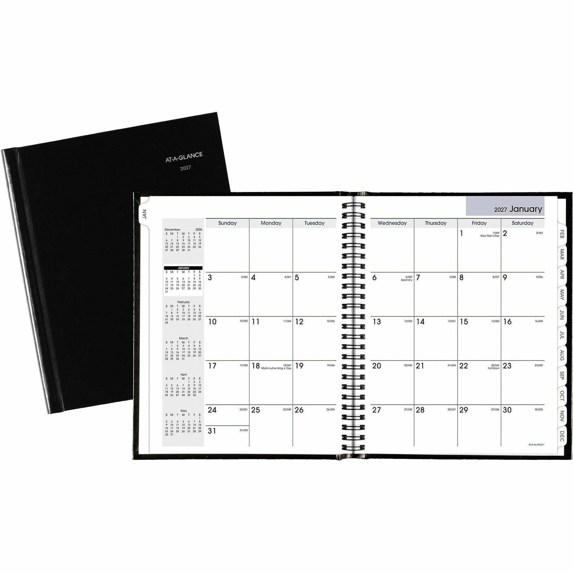 At-A-Glance DayMinder Premiere Planner, Medium, Monthly, 12 Months, January 2026–December 2026, 7" x 8.5", Concealed Wire, Black Cover, White Sheets, Pocket, Tabbed, Bleed Resistant, 1 Each