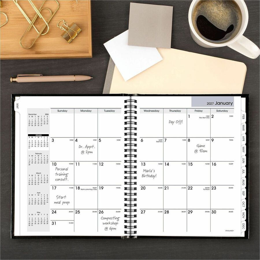 At-A-Glance DayMinder Premiere Planner, Medium, Monthly, 12 Months, January 2026–December 2026, 7" x 8.5", Concealed Wire, Black Cover, White Sheets, Pocket, Tabbed, Bleed Resistant, 1 Each