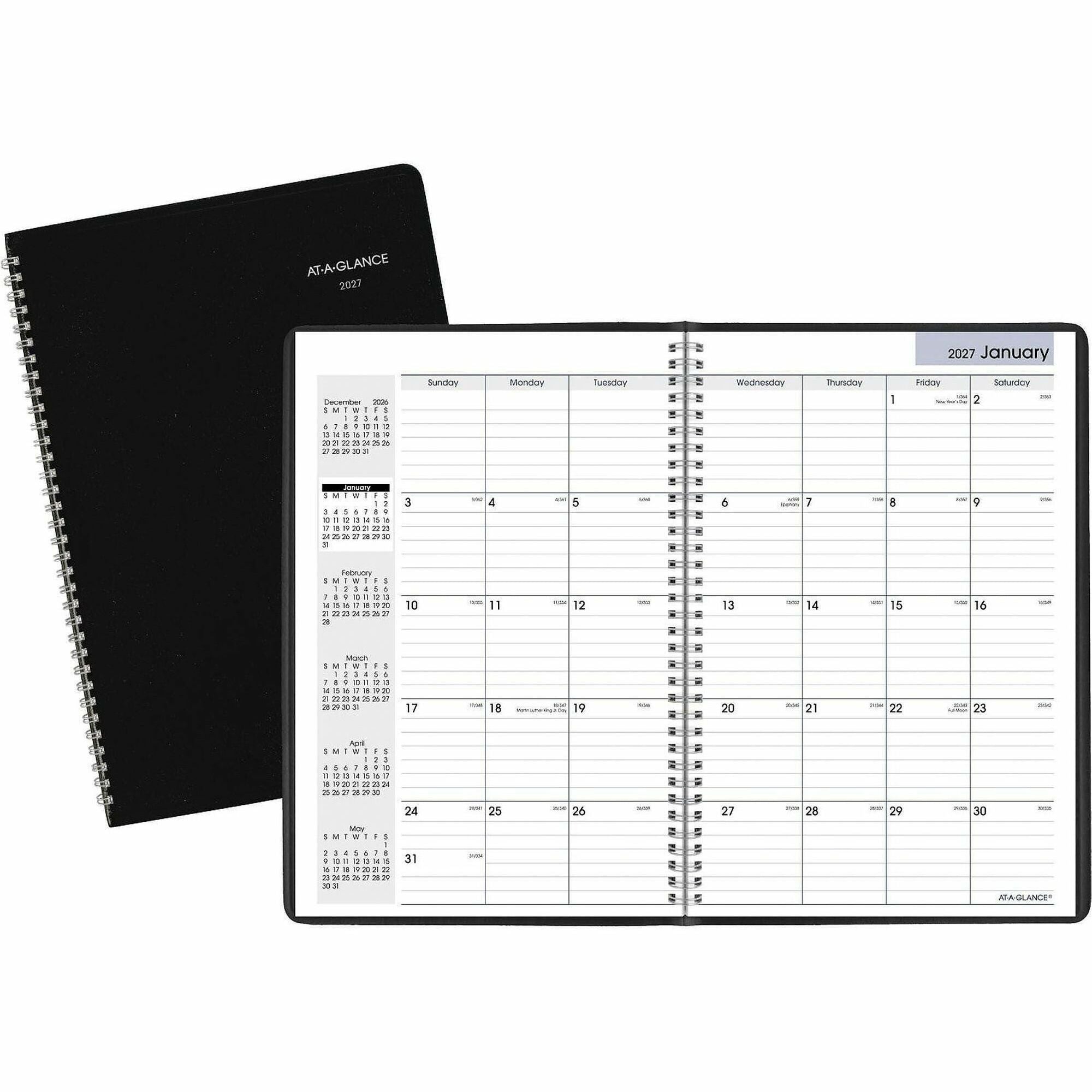 Large Monthly Planner, 14-Month, December 2025–January 2027, 8" x 12", Wire Bound, Black Simulated Leather Cover, White Bleed Resistant Paper, Ruled Daily Blocks, Reference Calendar, 1 Each