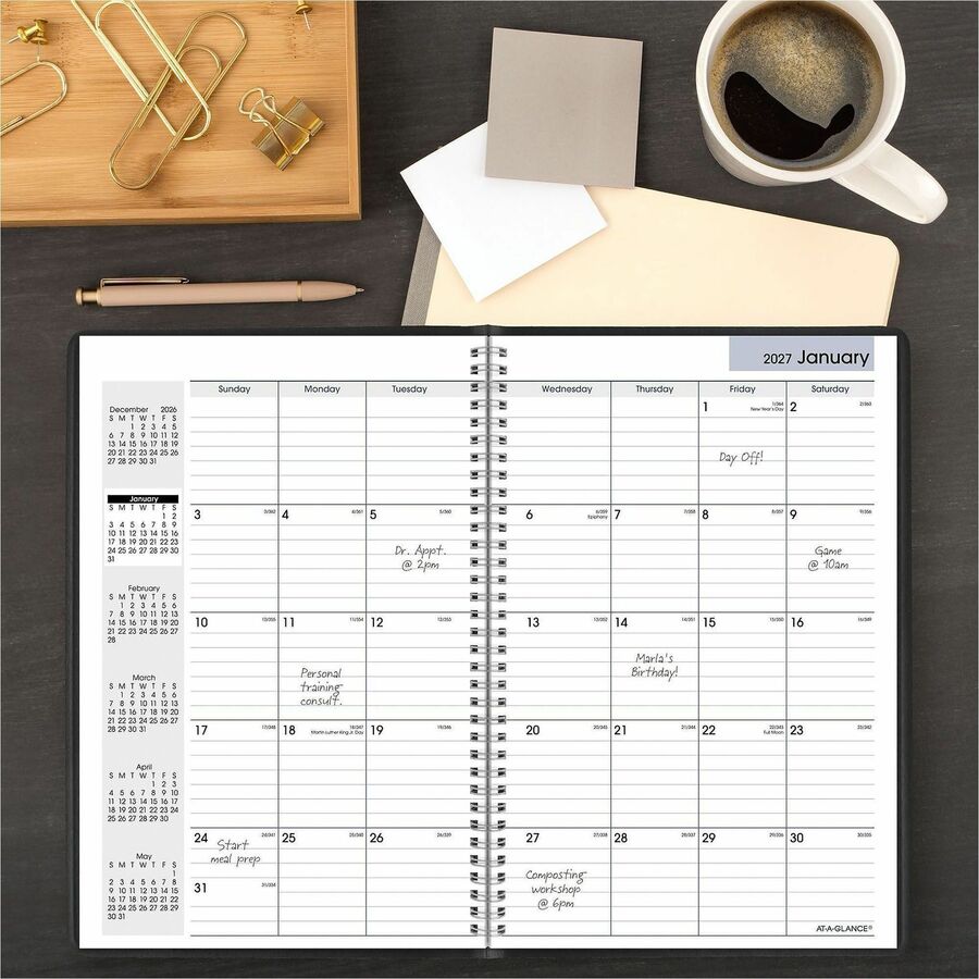 Large Monthly Planner, 14-Month, December 2025–January 2027, 8" x 12", Wire Bound, Black Simulated Leather Cover, White Bleed Resistant Paper, Ruled Daily Blocks, Reference Calendar, 1 Each